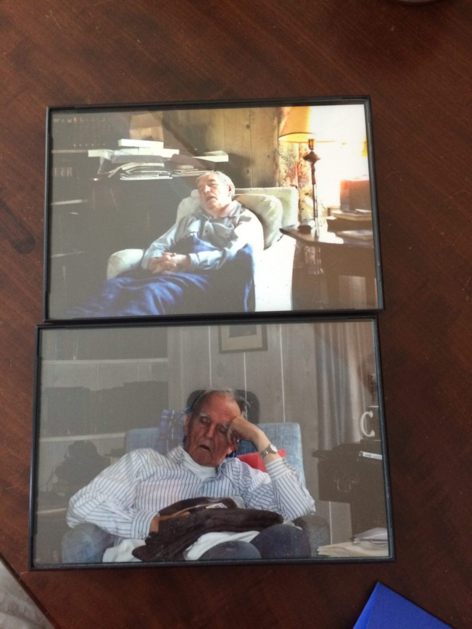 Photos of my dad and grandfather sitting in the same place in the old living room.